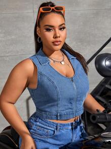 SHEIN ICON 大碼拉鏈開襟短款牛仔上衣 - 中等水洗藍 - 查看 6