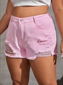 SHEIN EZwear 大碼破洞毛邊牛仔短褲 - 粉色 - 查看 5