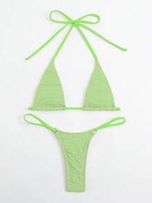 SHEIN Swim Halter Triangle Thong Bikini Set For Summer Beach - Green - View 3