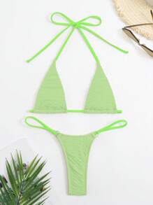 SHEIN Swim Halter Triangle Thong Bikini Set For Summer Beach - Green - View 6
