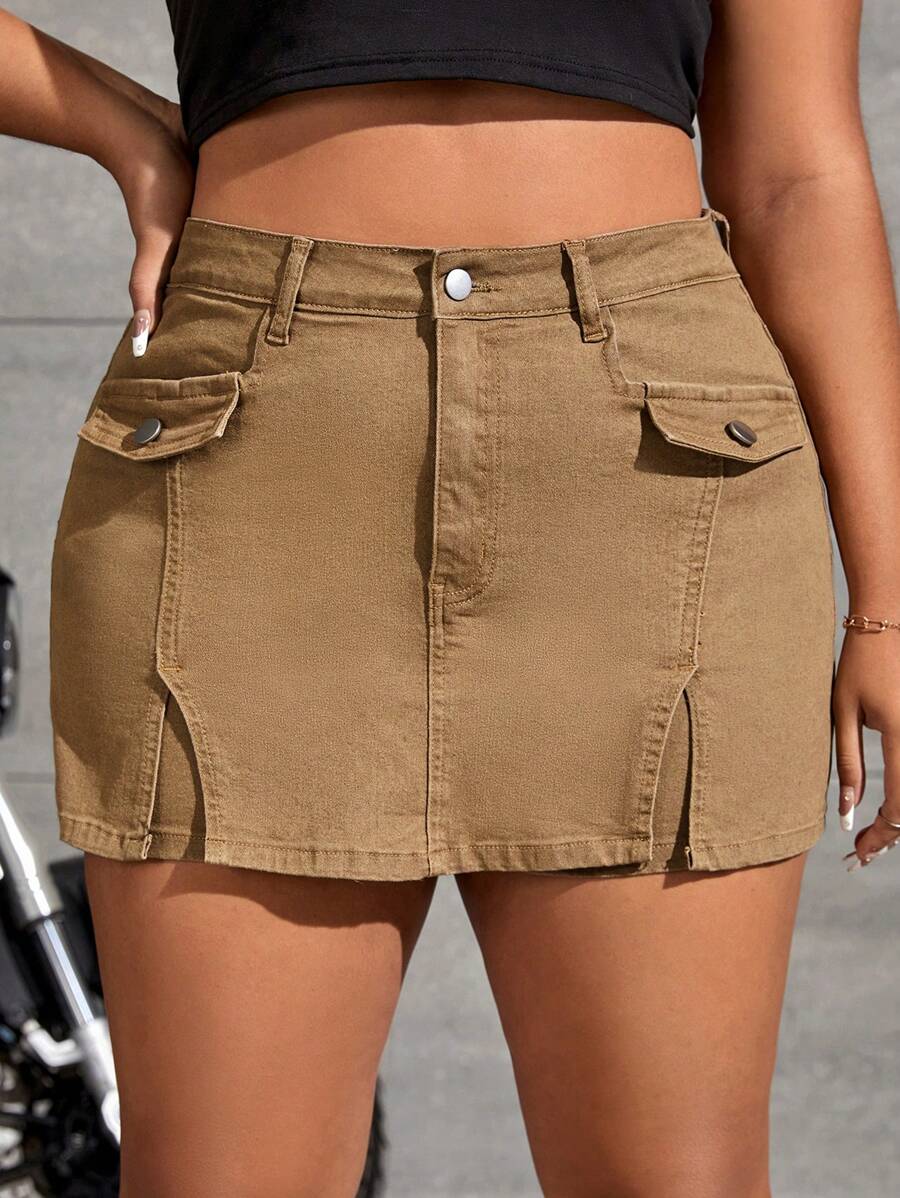 SHEIN ICON Quần short denim oversized Nút Chia Dây kéo màu trơn - Màu Khaki - Xem 1