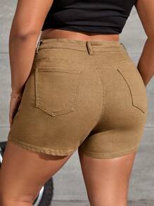 SHEIN ICON Quần short denim oversized Nút Chia Dây kéo màu trơn - Màu Khaki - Xem 2