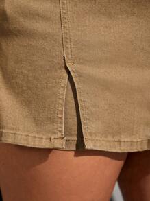 SHEIN ICON Quần short denim oversized Nút Chia Dây kéo màu trơn - Màu Khaki - Xem 3