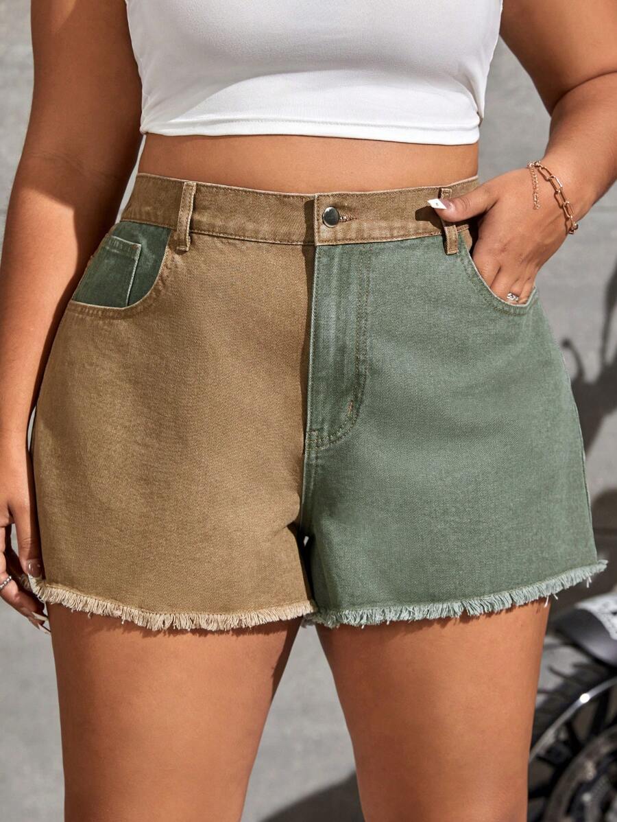 SHEIN EZwear 大碼雙色毛邊牛仔短褲 - 彩色 - 查看 1