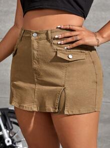 SHEIN ICON Quần short denim oversized Nút Chia Dây kéo màu trơn - Màu Khaki - Xem 6