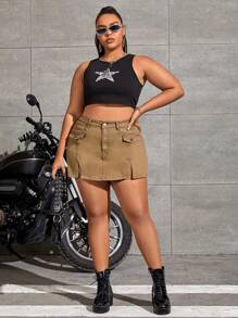 SHEIN ICON Quần short denim oversized Nút Chia Dây kéo màu trơn - Màu Khaki - Xem 7