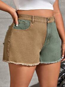 SHEIN EZwear 大碼雙色毛邊牛仔短褲 - 彩色 - 查看 4