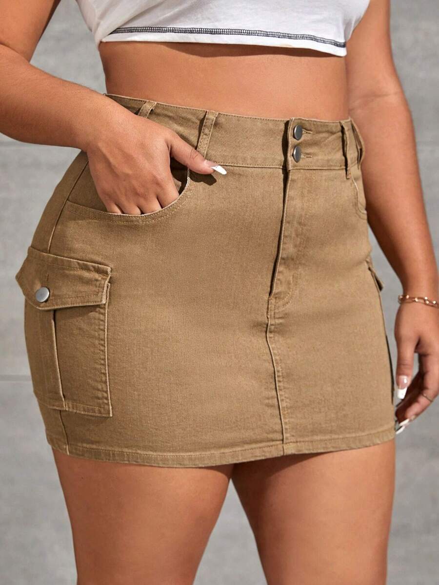 SHEIN EZwear Plus Flap Pocket Denim Skirt - Khaki - View 1
