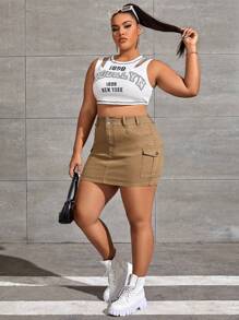 SHEIN EZwear Plus Flap Pocket Denim Skirt - Khaki - View 5