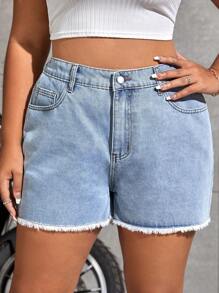 SHEIN EZwear Shorts en mezclilla de talle alto bajo crudo - Lavado ligero - Ver 1