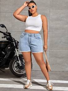 SHEIN EZwear Shorts en mezclilla de talle alto bajo crudo - Lavado ligero - Ver 3