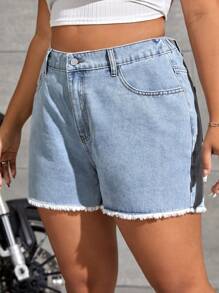 SHEIN EZwear Shorts en mezclilla de talle alto bajo crudo - Lavado ligero - Ver 6