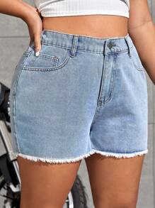 SHEIN EZwear Shorts en mezclilla de talle alto bajo crudo - Lavado ligero - Ver 7