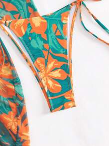 Swim SXY Summer Beach Tropical Print Halter Triangle Bikini Set With Cover Up - Multicolor - View 5