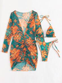 Swim SXY Summer Beach Tropical Print Halter Triangle Bikini Set With Cover Up - Multicolor - View 6