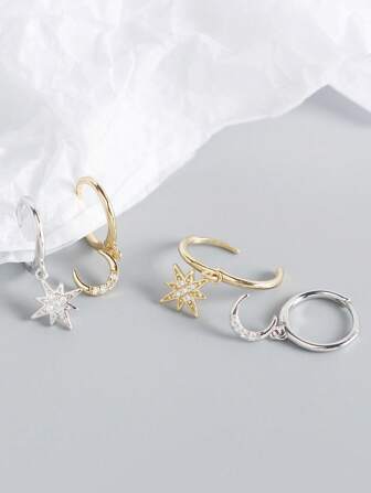 1pair Women's S925 Silver Stars & Moon With Diamond Inlay Butterfly Ear Clip Earrings