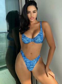 Allover Print Underwire Bikini Set, For Summer Beach Vacation - Blue - View 5