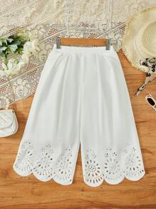 SHEIN 女孩鏤空貝殼邊闊腿褲 - 白色 - 查看 1