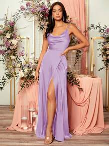 SHEIN Belle 1pc Draped Collar Wrap Hem Satin Cami Formal Bridesmaid Dress Elegant Dress