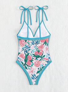 Plants Print Tie Shoulder One Piece Swimsuit - White - View 3
