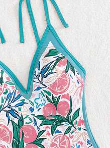 Plants Print Tie Shoulder One Piece Swimsuit - White - View 5