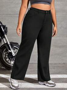 SHEIN EZwear 大碼高腰直筒牛仔褲 - 黑色 - 查看 4