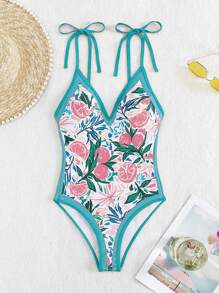 Plants Print Tie Shoulder One Piece Swimsuit - White - View 8