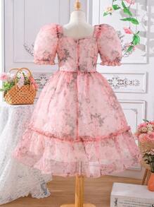 SHEIN Girls Floral Print Puff Sleeve Ruffle Hem Organza Dress - Pink - View 2