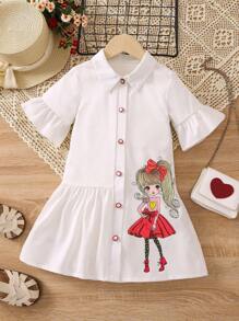 SHEIN Cô gái trẻ chân dung hoạt hình màu trắng kỳ nghỉ hè, váy đơn giản và thời trang cho bé gái với cổ áo và tay áo nhún bèo - trắng - Xem 1