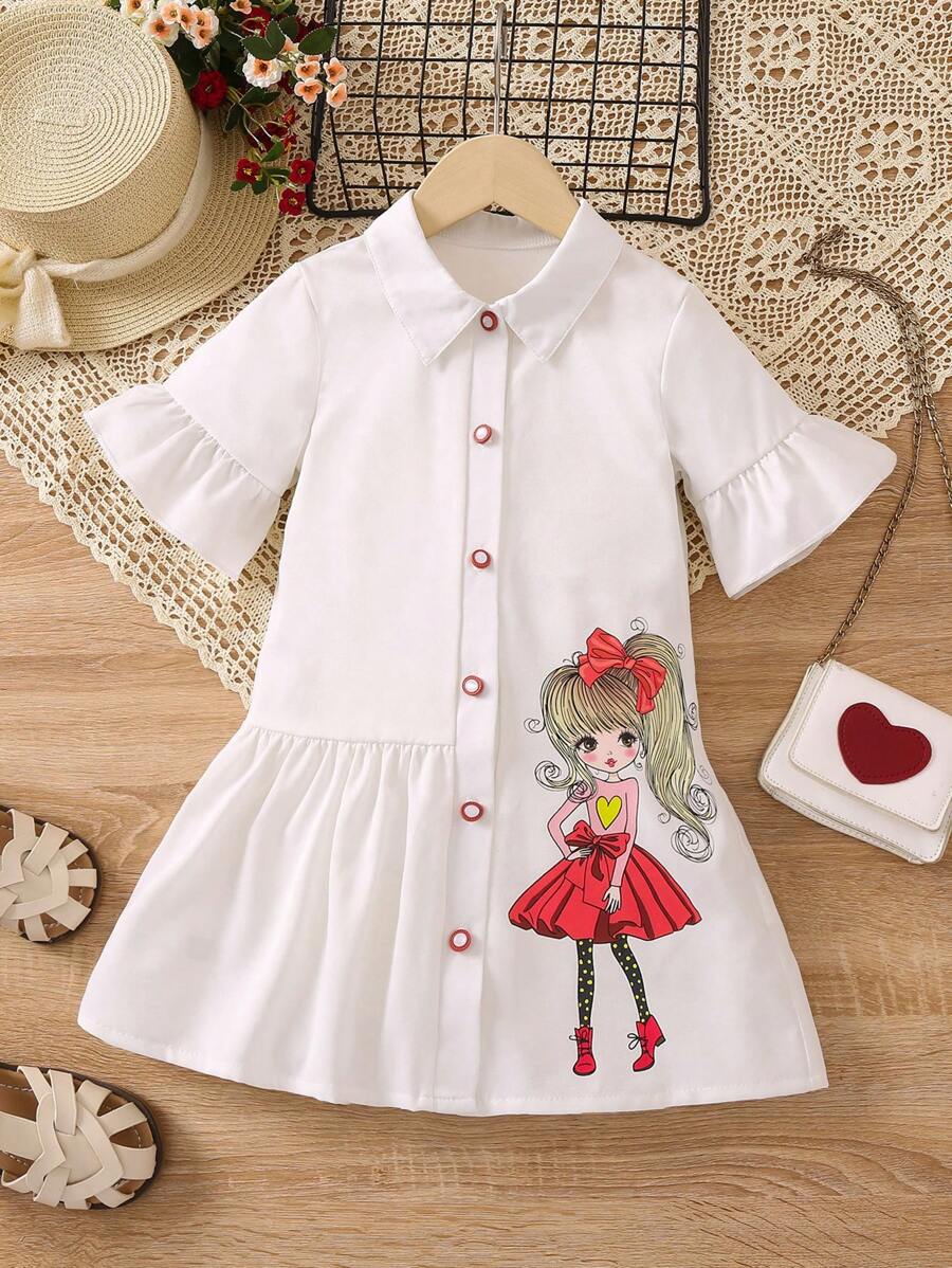 SHEIN Cô gái trẻ chân dung hoạt hình màu trắng kỳ nghỉ hè, váy đơn giản và thời trang cho bé gái với cổ áo và tay áo nhún bèo - trắng - Xem 1