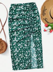 SHEIN VCAY Ditsy Floral Print Drawstring Split Thigh Woman Skirt - Dark Green - View 1