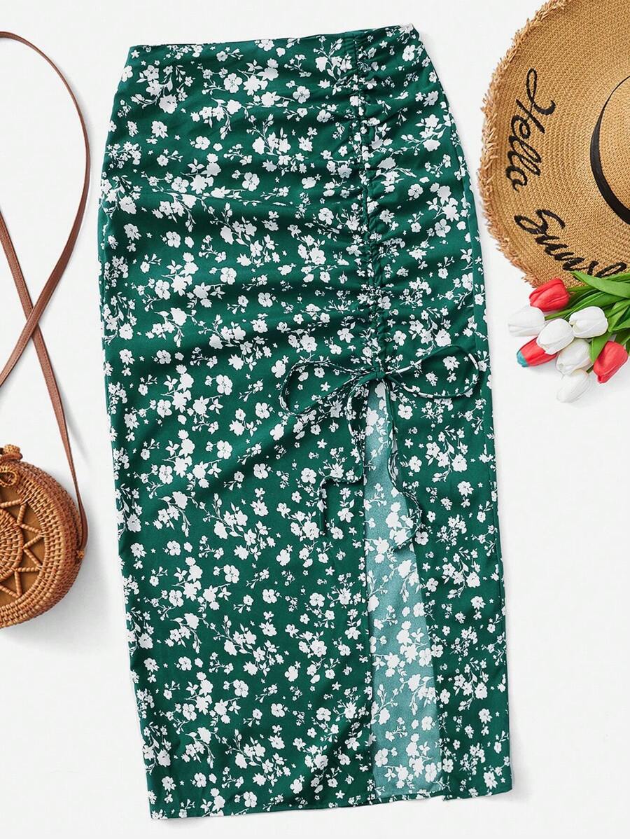 SHEIN VCAY Ditsy Floral Print Drawstring Split Thigh Woman Skirt - Dark Green - View 1