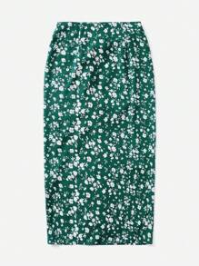 SHEIN VCAY Ditsy Floral Print Drawstring Split Thigh Woman Skirt - Dark Green - View 2