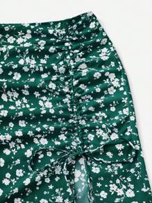 SHEIN VCAY Ditsy Floral Print Drawstring Split Thigh Woman Skirt - Dark Green - View 3