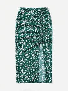 SHEIN VCAY Ditsy Floral Print Drawstring Split Thigh Woman Skirt - Dark Green - View 4