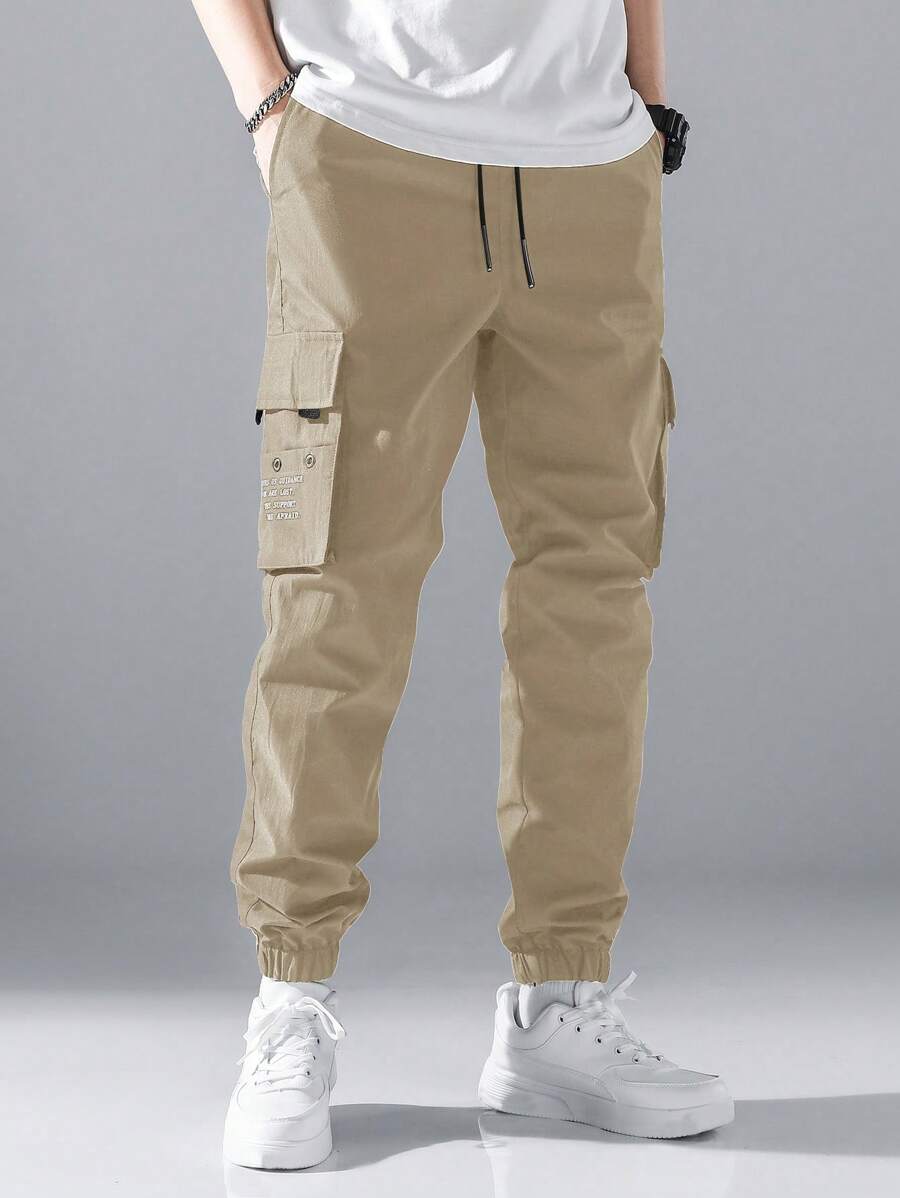 Manfinity Hypemode Men Flap Pocket Side Drawstring Waist Cargo Trousers - Khaki - View 1