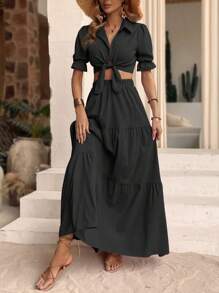 SHEIN VCAY 前繫帶荷葉袖襯衫和荷葉邊半身裙 - 黑色 - 查看 3