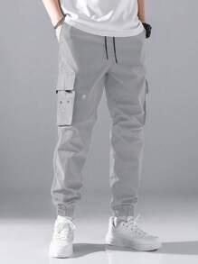 Manfinity EZcore Men Flap Pocket Side Drawstring Waist Cargo Trousers - Light Grey - View 1