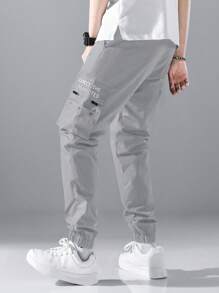 Manfinity EZcore Men Flap Pocket Side Drawstring Waist Cargo Trousers - Light Grey - View 2