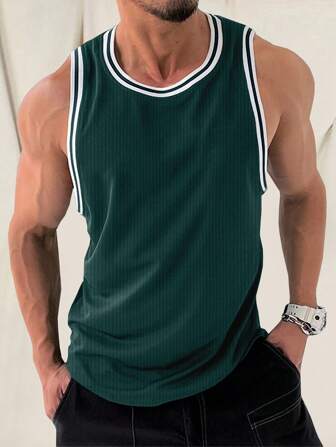 Manfinity Homme Men Striped Trim Color Block Sleeveless Athletic Jersey Tank Top, For Workout