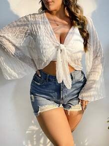 SHEIN Swim Curve Plus Knot Front Trumpet Sleeve Crop Kimono - Apricot - View 1