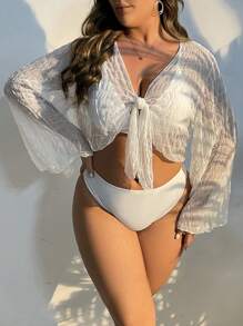 SHEIN Swim Curve Plus Knot Front Trumpet Sleeve Crop Kimono - Apricot - View 4