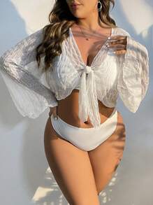 SHEIN Swim Curve Plus Knot Front Trumpet Sleeve Crop Kimono - Apricot - View 5