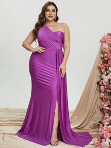 Plus One Shoulder Draped Side Split Thigh Dress - Purple - View 2