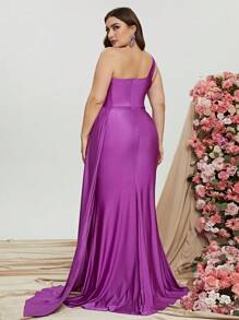 Plus One Shoulder Draped Side Split Thigh Dress - Purple - View 3