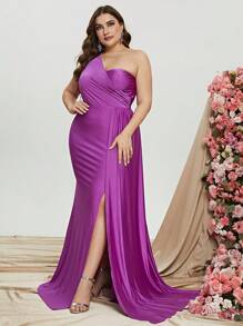 Plus One Shoulder Draped Side Split Thigh Dress - Purple - View 1