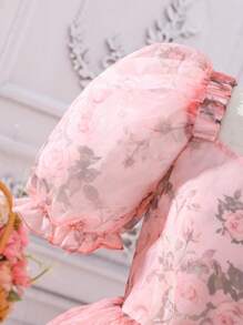 SHEIN Girls Floral Print Puff Sleeve Ruffle Hem Organza Dress - Pink - View 5