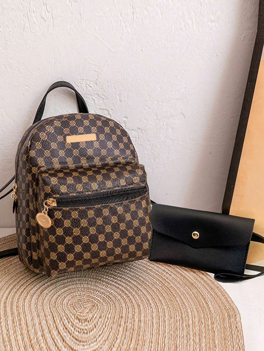 Fashion Ladies Backpack Mini Ladies Casual Daypack Geometric Print Pattern Backpack Purse Strap Replacement Crossbody Handbag Shoulder Strap Adjustable - Coffee Brown - View 1