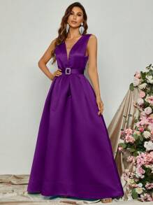 Solid Belted Satin Dress - Purple - View 1