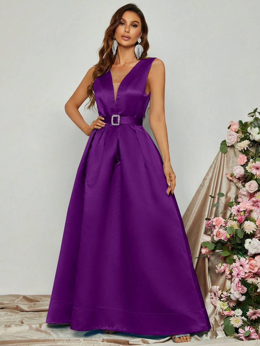 Solid Belted Satin Dress - Purple - View 1